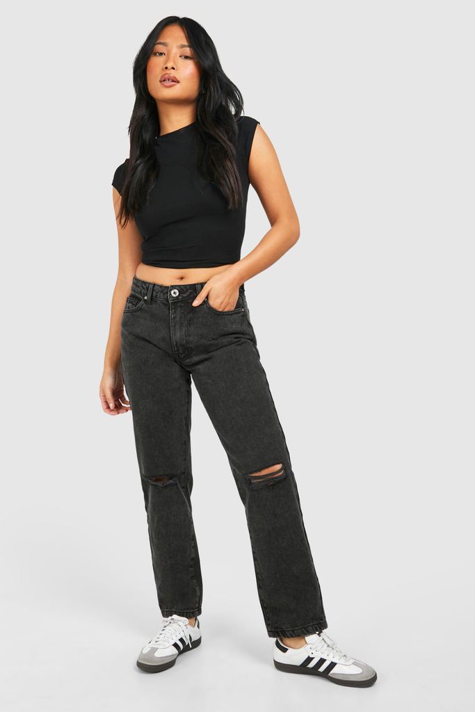 Womens Petite Basics Ripped Straight Leg Jean - Black - 6, Black