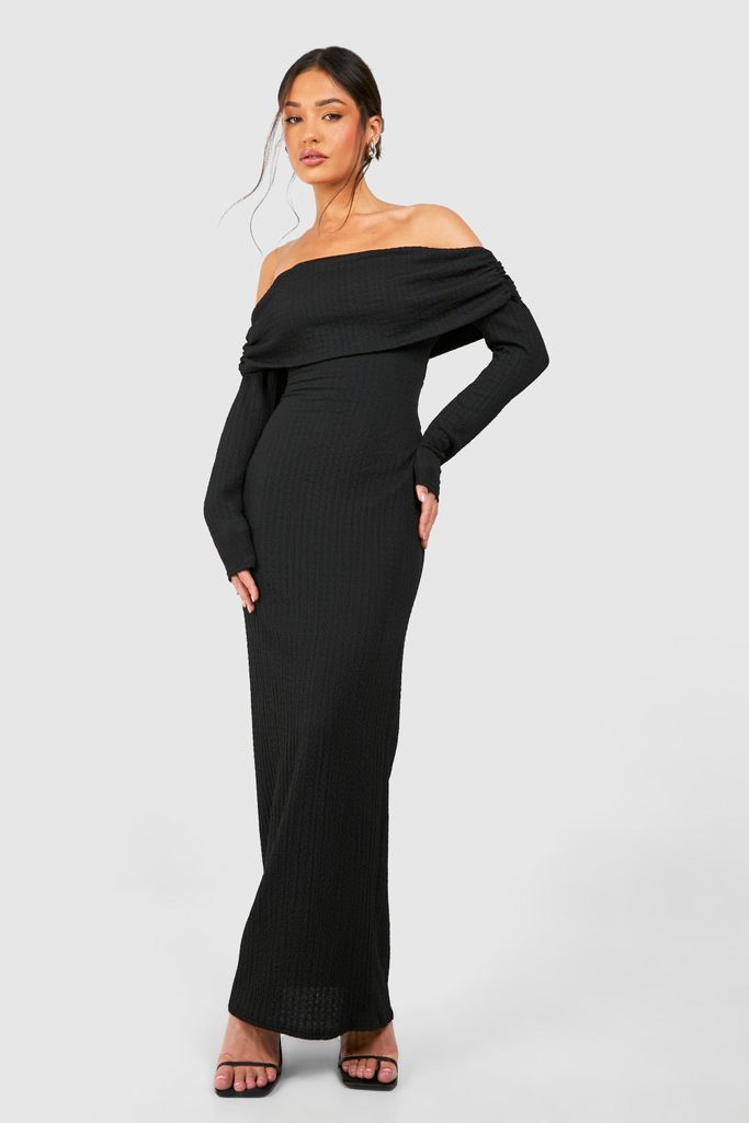Womens Petite Crinkle Texture Bardot Maxi Dress - Black - 6, Black