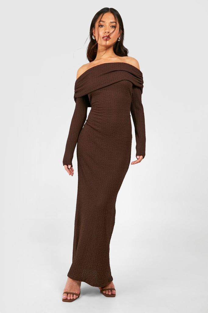 Womens Petite Crinkle Texture Bardot Maxi Dress - Brown - 6, Brown