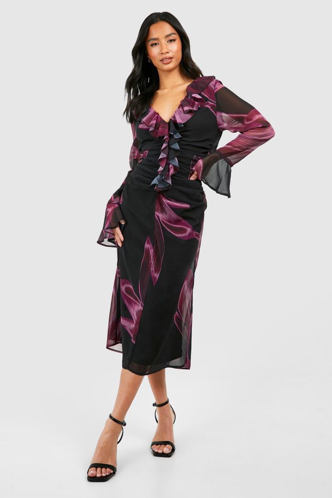 Womens Petite Dark Floral Ruffle Ruched Woven Midaxi Dress - Purple - 6, Purple