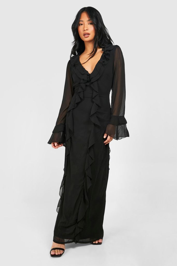 Womens Petite Plunge Ruffle Flare Sleeve Woven Maxi Dress - Black - 6, Black