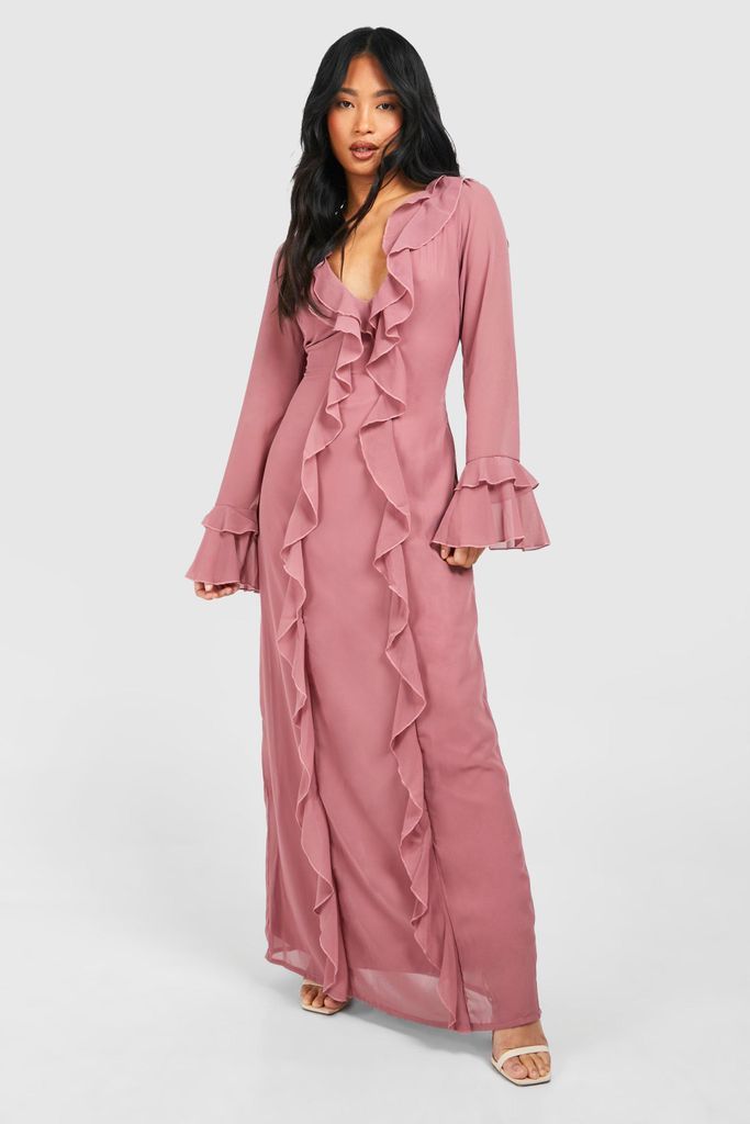 Womens Petite Plunge Ruffle Flare Sleeve Woven Maxi Dress - Pink - 6, Pink