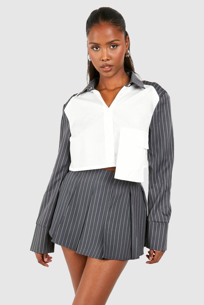 Womens Pinstripe Pleaed Mid Rise Micro Mini Skirt - Grey - 6, Grey