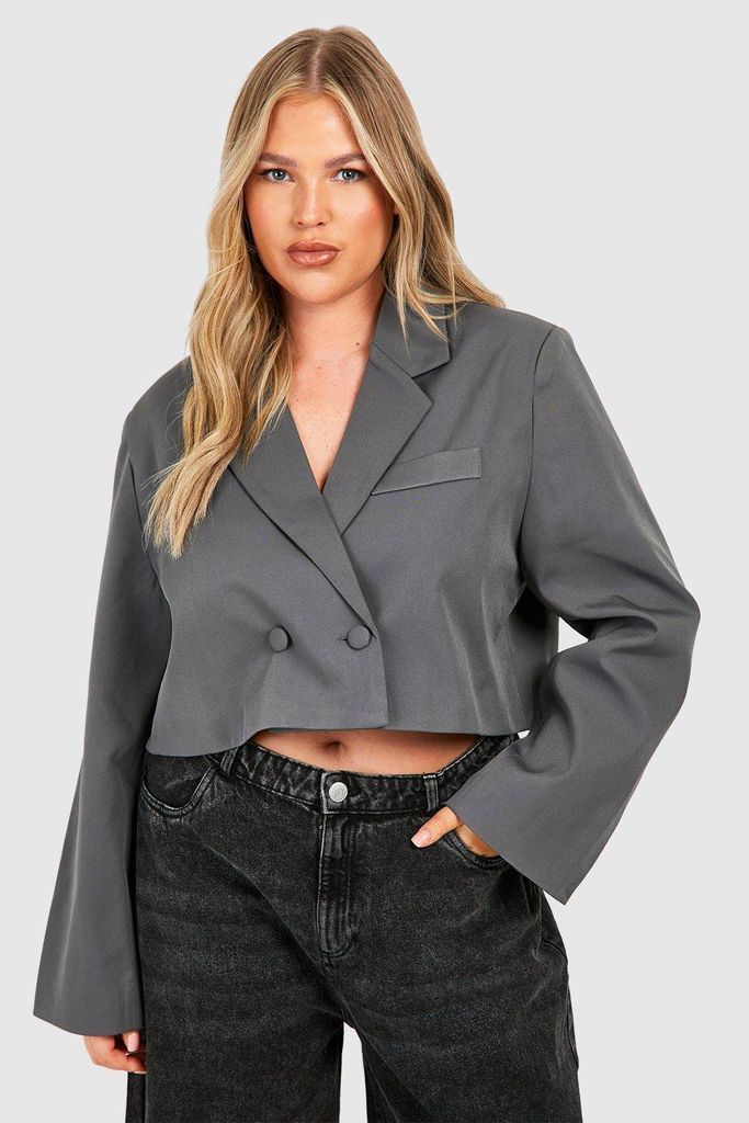 Womens Plus Double Breasted Boxy Crop Blazer - Grey - 16, Grey