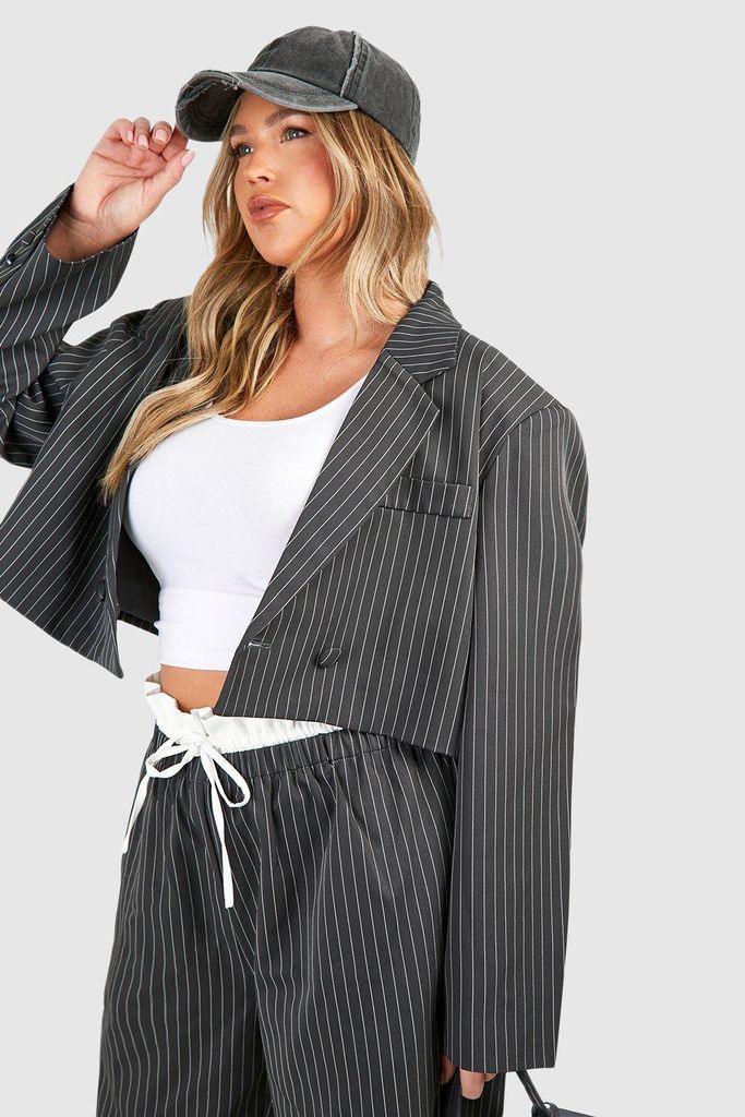 Womens Plus Stripe Cropped Blazer - Grey - 16, Grey