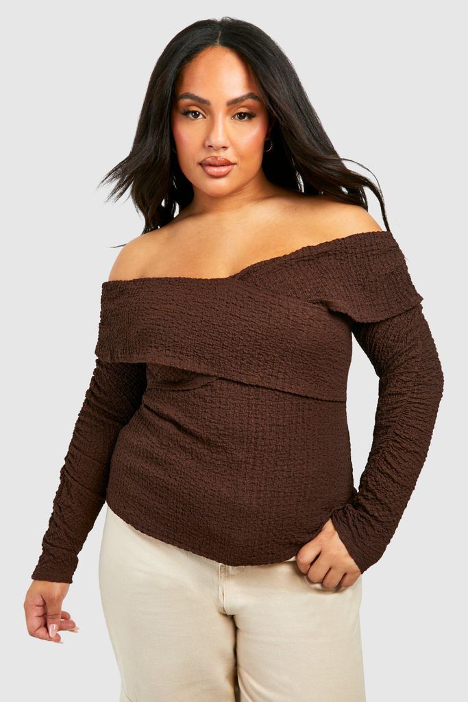 Womens Plus Textured Ruched Sleeve Top - Brown - 16, Brown