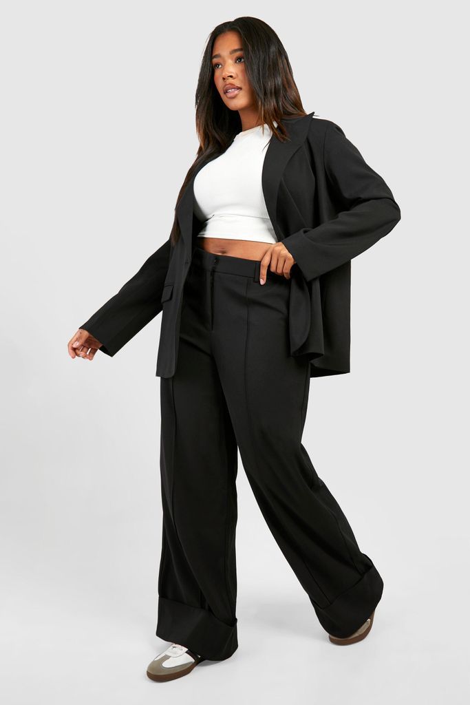 Womens Plus Turn Cuff Wide Leg Relaxed Fit Tailored Trousers - Black - 16, Black