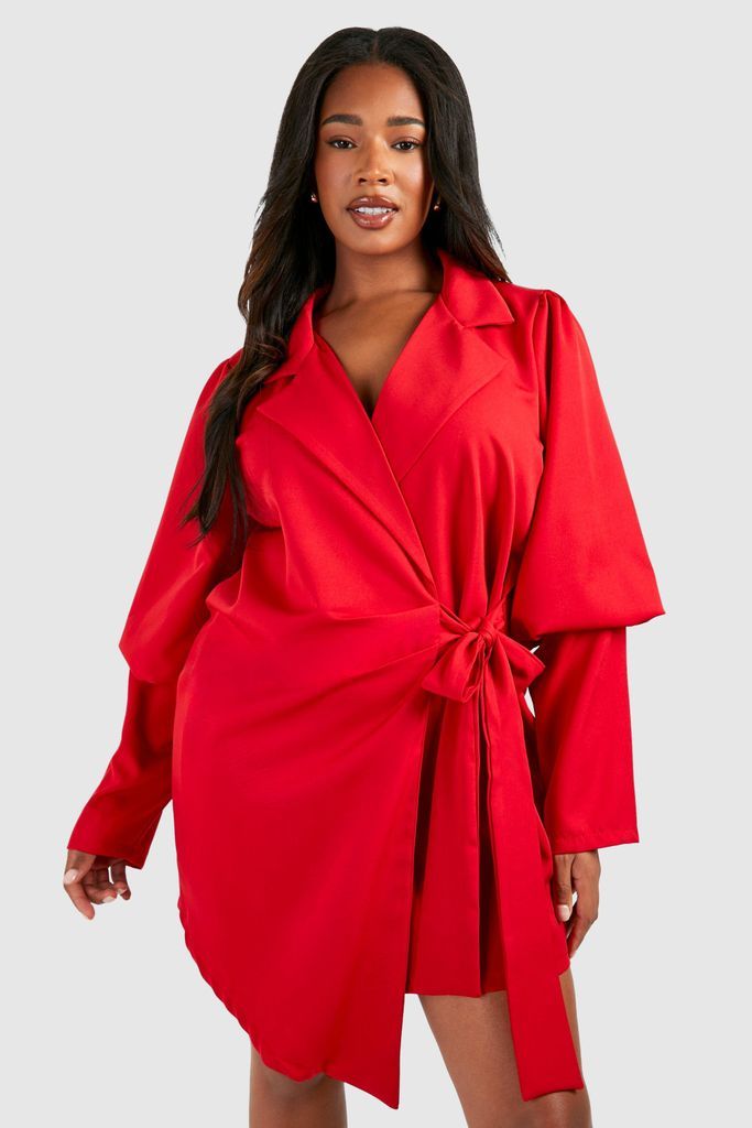 Womens Plus Volume Sleeve Tie Waist Blazer Dress - Red - 16, Red