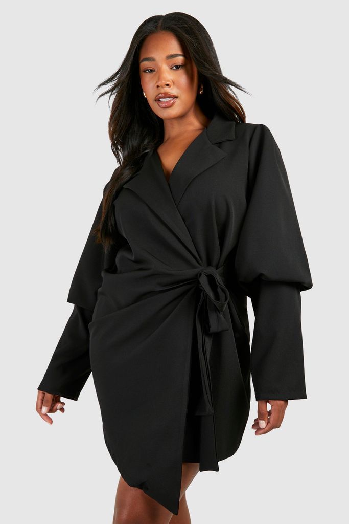 Womens Plus Volume Sleeve Tie Waist Blazer Dress - Black - 16, Black