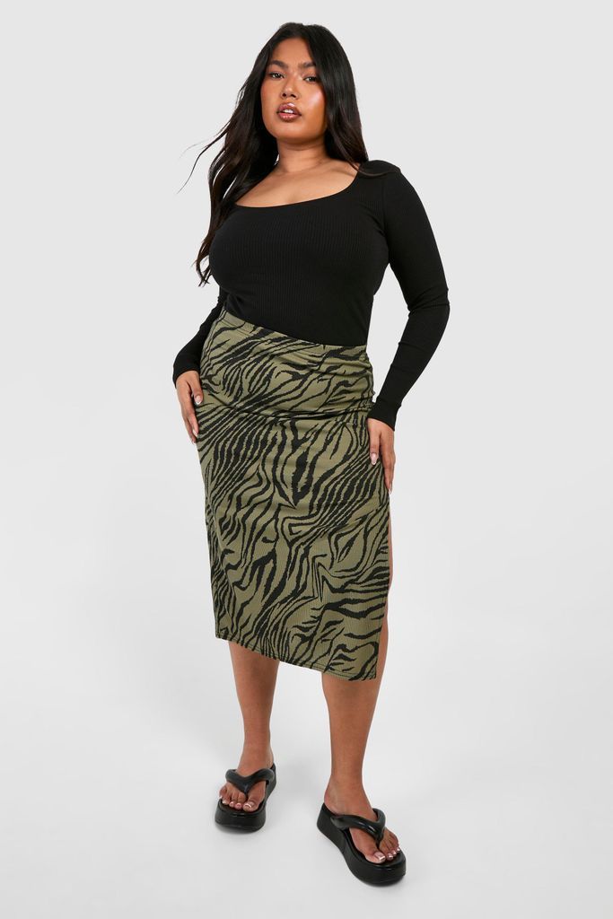 Womens Plus Zebra Print Rib Side Split Midi Skirt - Green - 16, Green