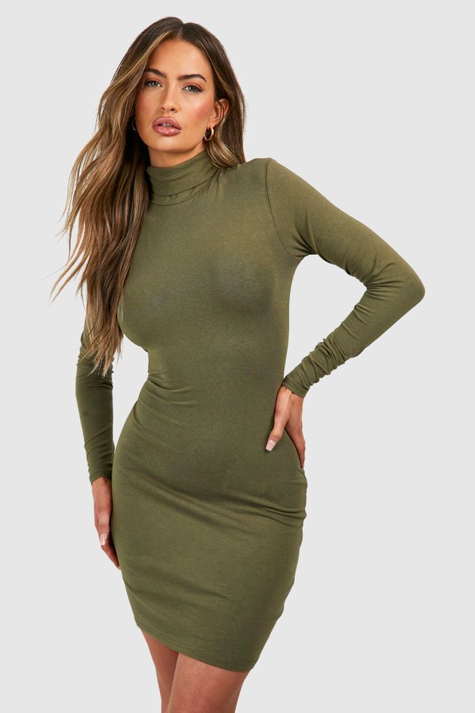 Womens Premium Super Soft Roll Neck Bodycon Mini Dress - Green - 8, Green