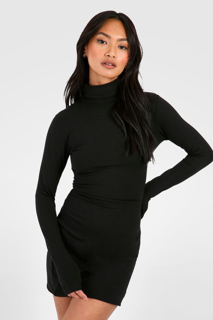 Womens Premium Super Soft Roll Neck Bodycon Mini Dress - Black - 8, Black