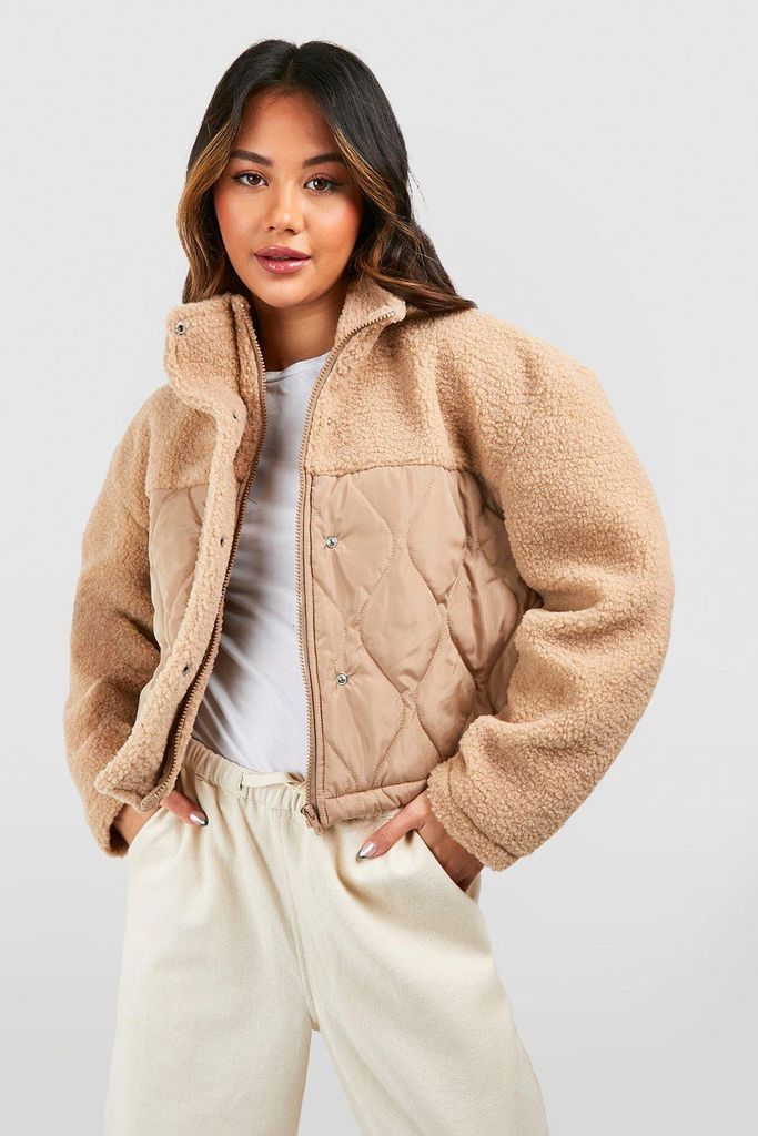 Womens Quilted Nylon Detail Teddy Faux Fur Jacket - Beige - 8, Beige