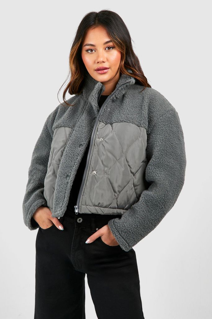 Womens Quilted Nylon Detail Teddy Faux Fur Jacket - Grey - 8, Grey