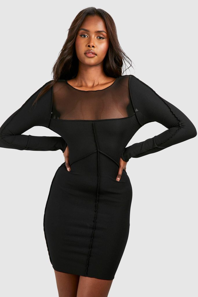Womens Rib & Mesh Seam Detail Bodycon Dress - Black - 8, Black