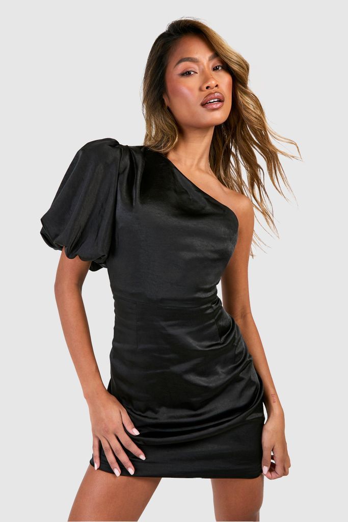 Womens Satin Puff Sleeve Asymmetric Mini Dress - Black - 8, Black