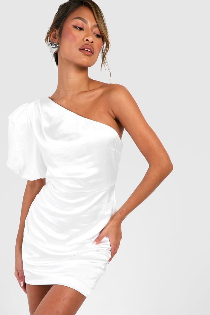 Womens Satin Puff Sleeve Asymmetric Mini Dress - White - 8, White