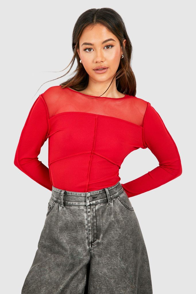 Womens Seam Detail Mesh Top - Red - 6, Red