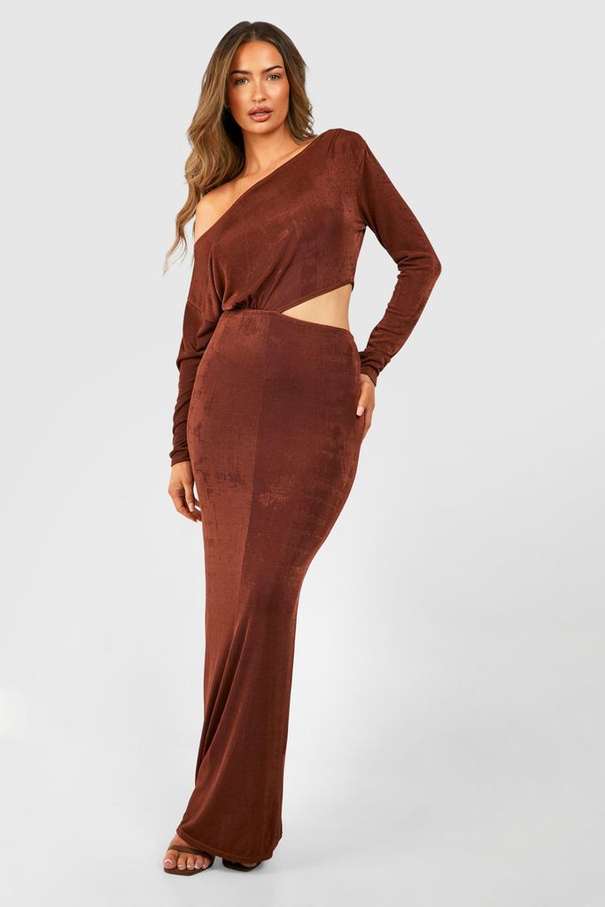 Womens Slash Neck Ruched Acetate Slinky Cut Out Maxi Dress - Brown - 8, Brown