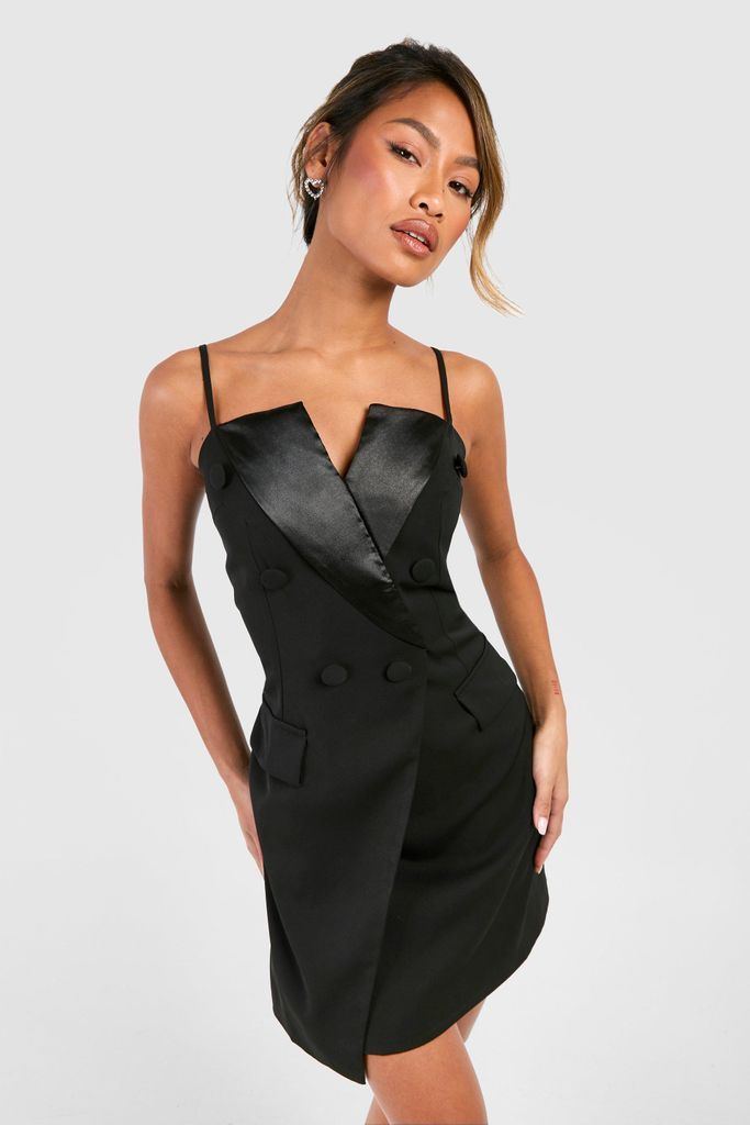 Womens Strappy Contrast Lapel Blazer Dress - Black - 12, Black