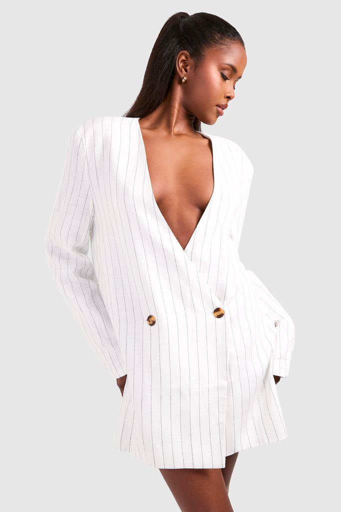 Womens Stripe Oversized Collarless Blazer Dress - White - 8, White