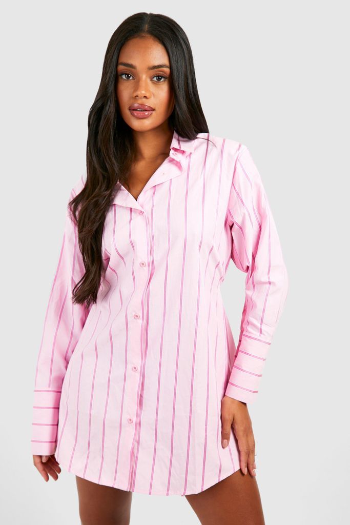 Womens Striped Cinched Waist Shirt Dress - Pink - 8, Pink