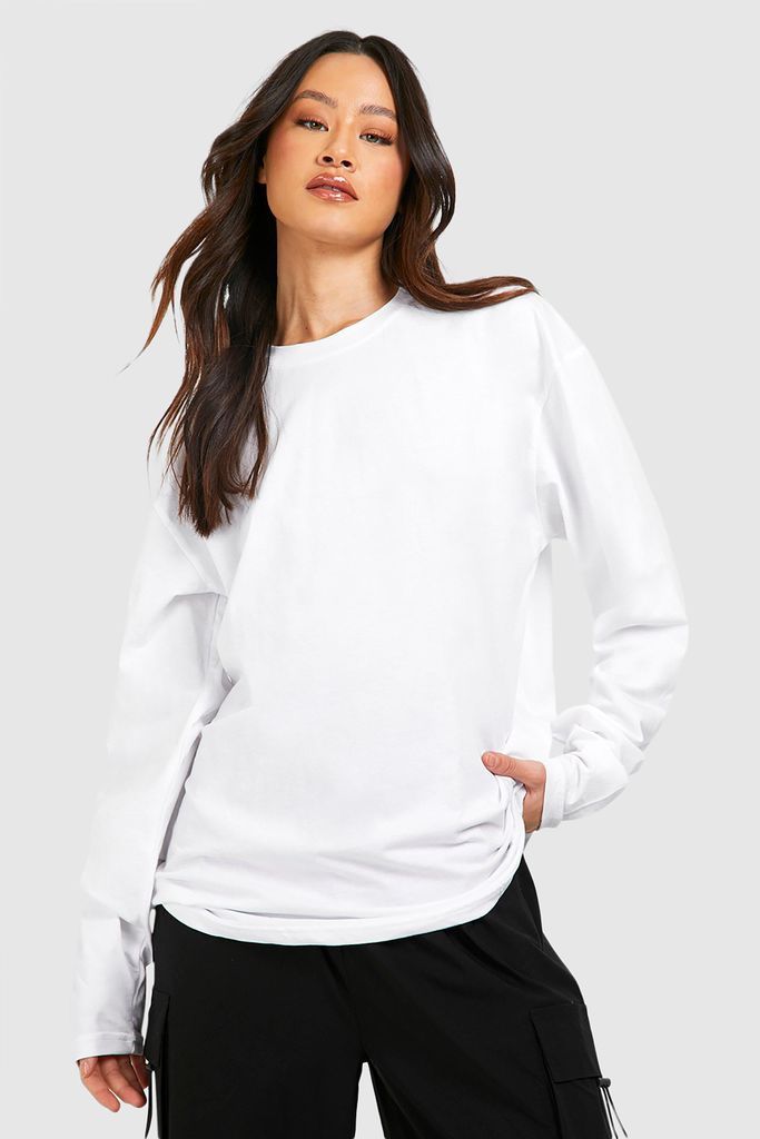 Womens Tall Basic Cotton Oversized Long Sleeve T-Shirt - White - S, White