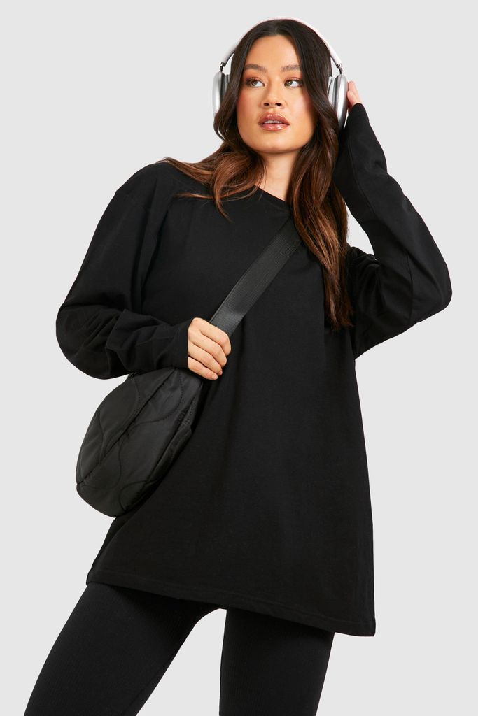 Womens Tall Basic Cotton Oversized Long Sleeve T-Shirt - Black - S, Black