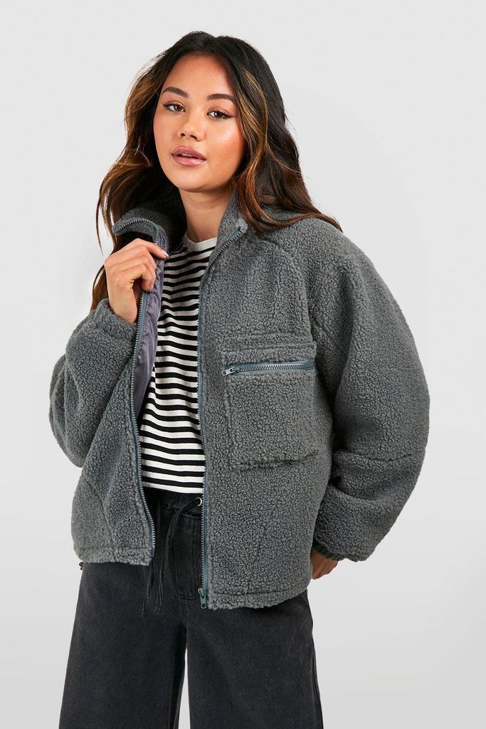 Womens Teddy Faux Fur Jacket - Grey - 8, Grey