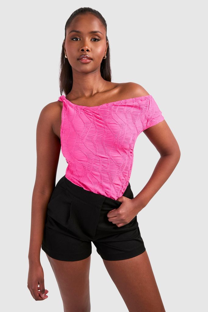 Womens Textured Drape Asymmetric Top - Pink - 6, Pink