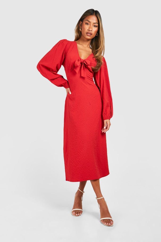 Womens Textured Tie Bust Midi Smock Dress - 8, Red