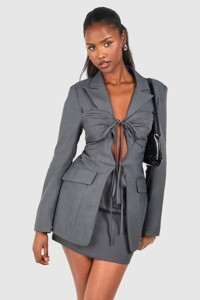 Womens Tie Front Detail Fitted Blazer - Grey - 6, Grey