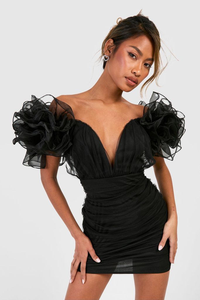 Womens Tulle Rouched Mini Dress - Black - 8, Black