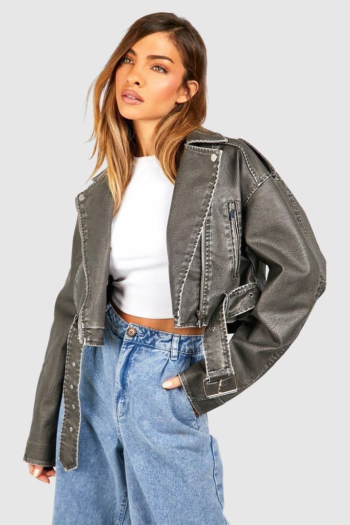 Womens Vintage Look Faux Leather Crop Biker Jacket - Grey - 8, Grey