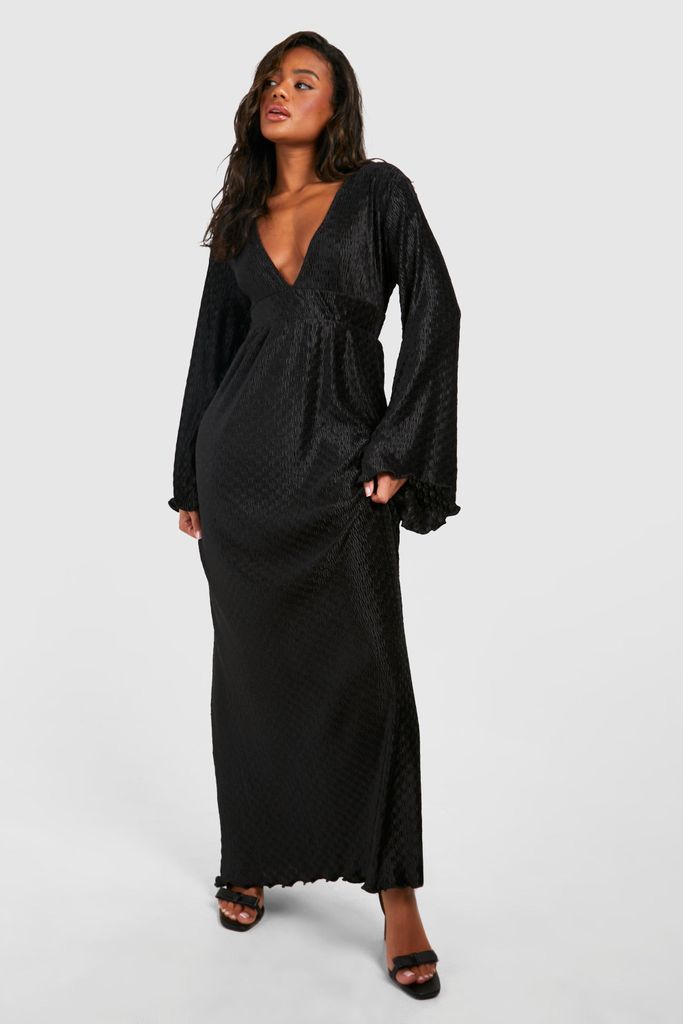 Womens Wave Plisse Flare Sleeve Maxi Dress - Black - 8, Black