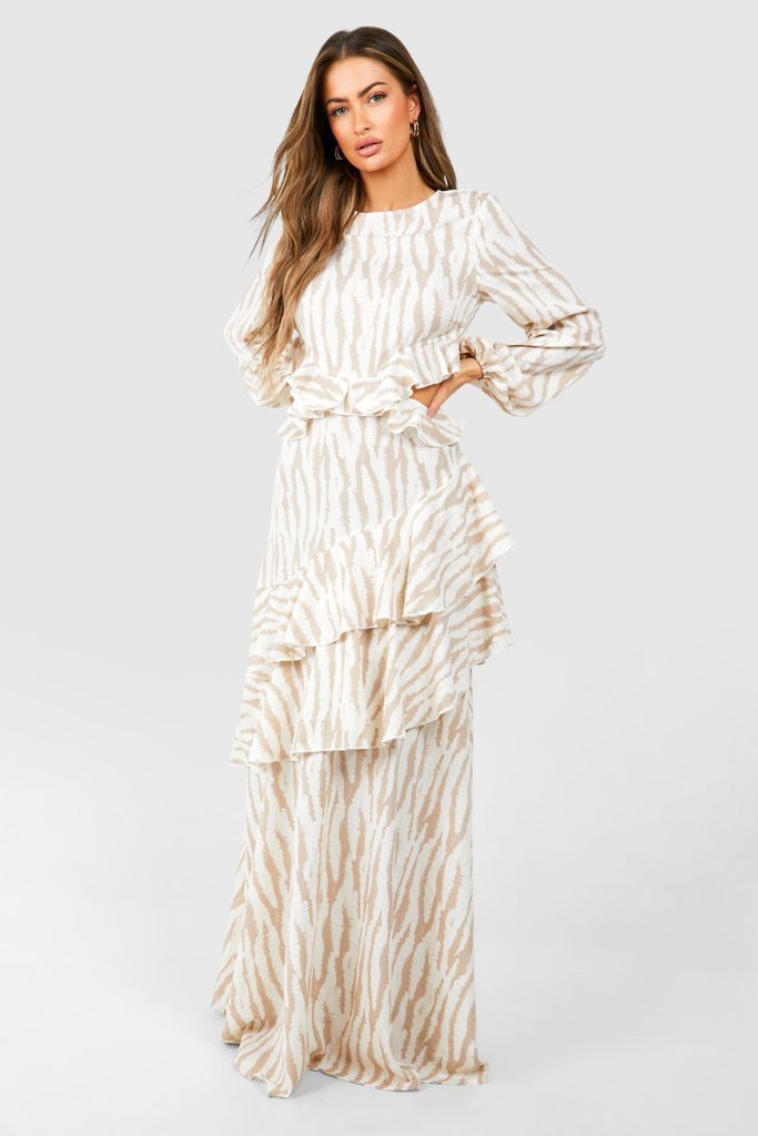 Womens Zebra Frill Detail Cut Out Maxi Dress - Beige - 8, Beige