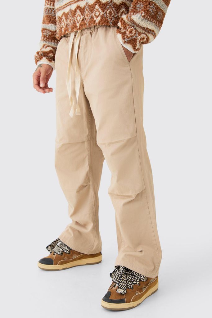 Men's Elastic Waist Contrast Drawcord Baggy Trouser - Beige - S, Beige