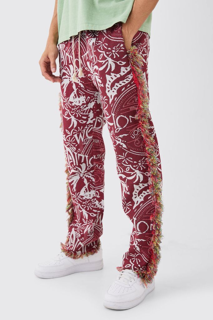 Men's Elastic Waist Straight Leg Frayed Tapestry Trouser - Red - S, Red