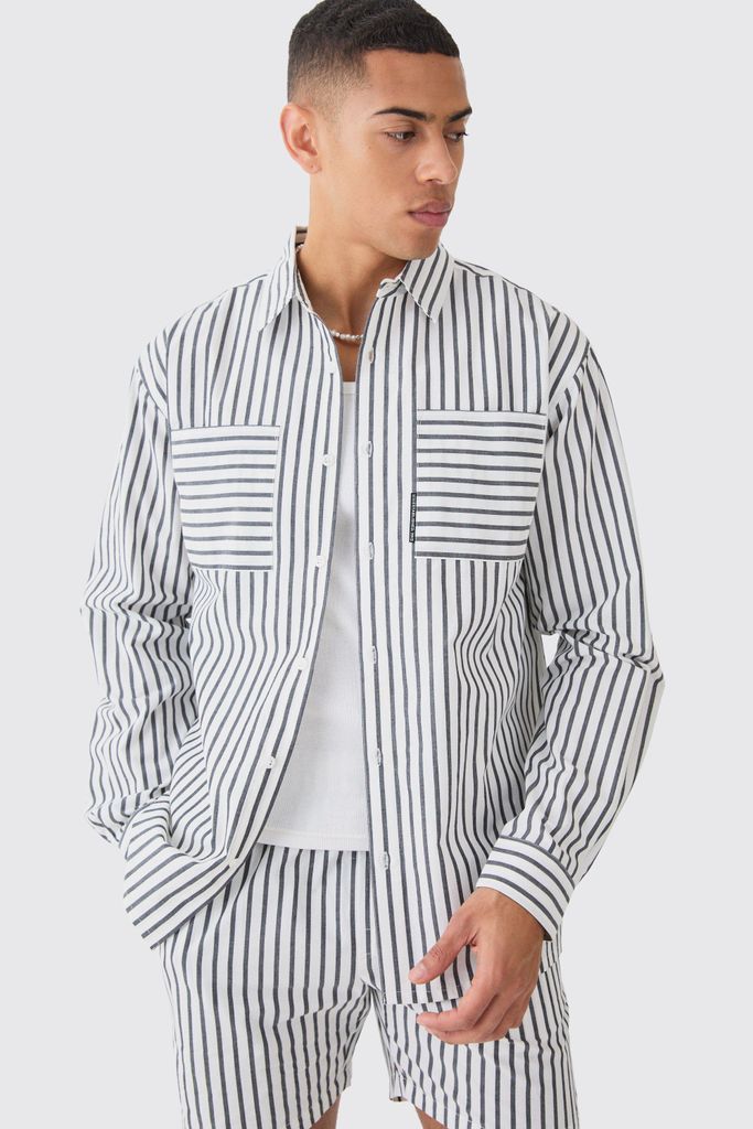 Men's Long Sleeve Oversized Tab Stripe Shirt - Grey - S, Grey