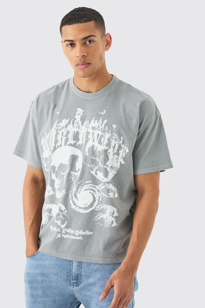 Men's Oversized Boxy Overdye Skull Graphic T-Shirt - Grey - S, Grey