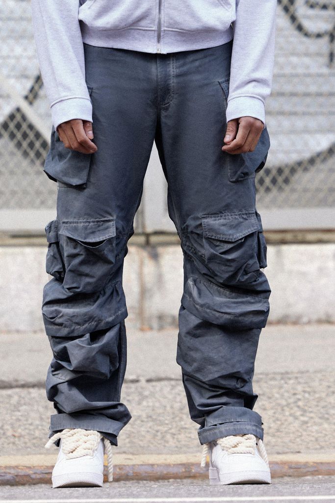 Men's Parachute Multi Pocket Fixed Waist Trouser - Grey - 28, Grey