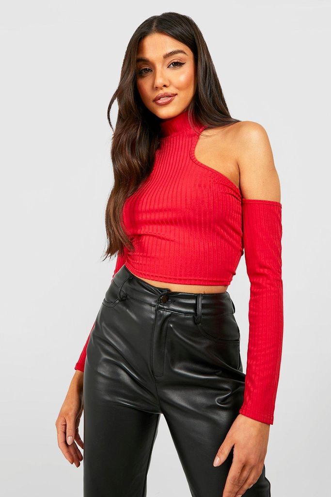 Womens Rib Shoulder Cut Out Crop Top - Red - 14, Red