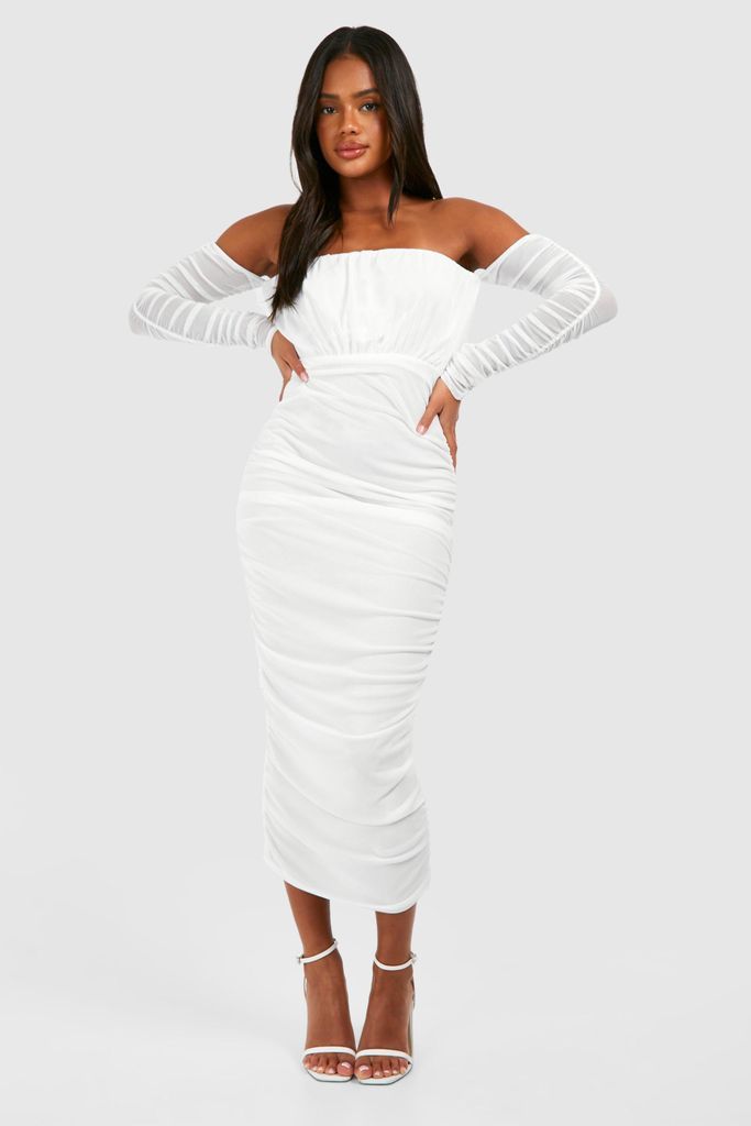 Womens Bardot Rouched Mesh Midaxi Dress - White - 8, White