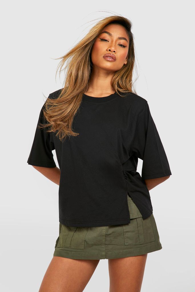 Womens Boxy Oversized Knot Hem T-Shirt With Shoulder Pads - Black - 6, Black