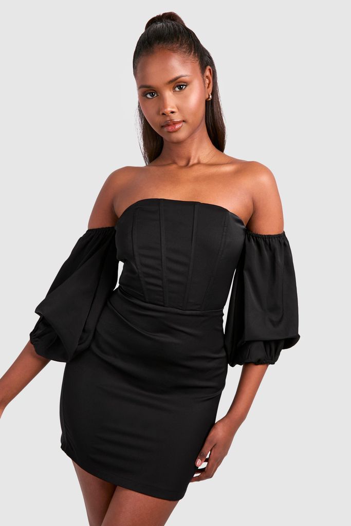 Womens Corset Puff Sleeve Mini Dress - Black - 8, Black