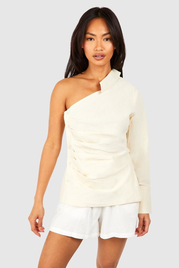 Womens Linen Asymmetric Long Sleeve Shirt - Cream - 6, Cream