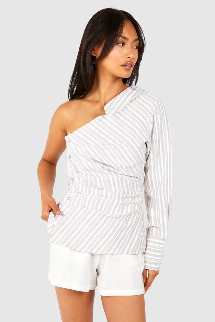 Womens Linen Stripe Asymmetric Shirt - Beige - 6, Beige