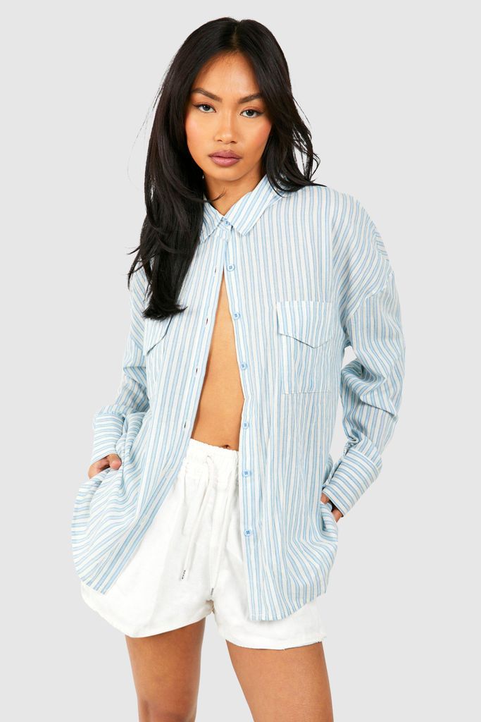 Womens Oversized Linen Striped Utility Shirt - Blue - 6, Blue
