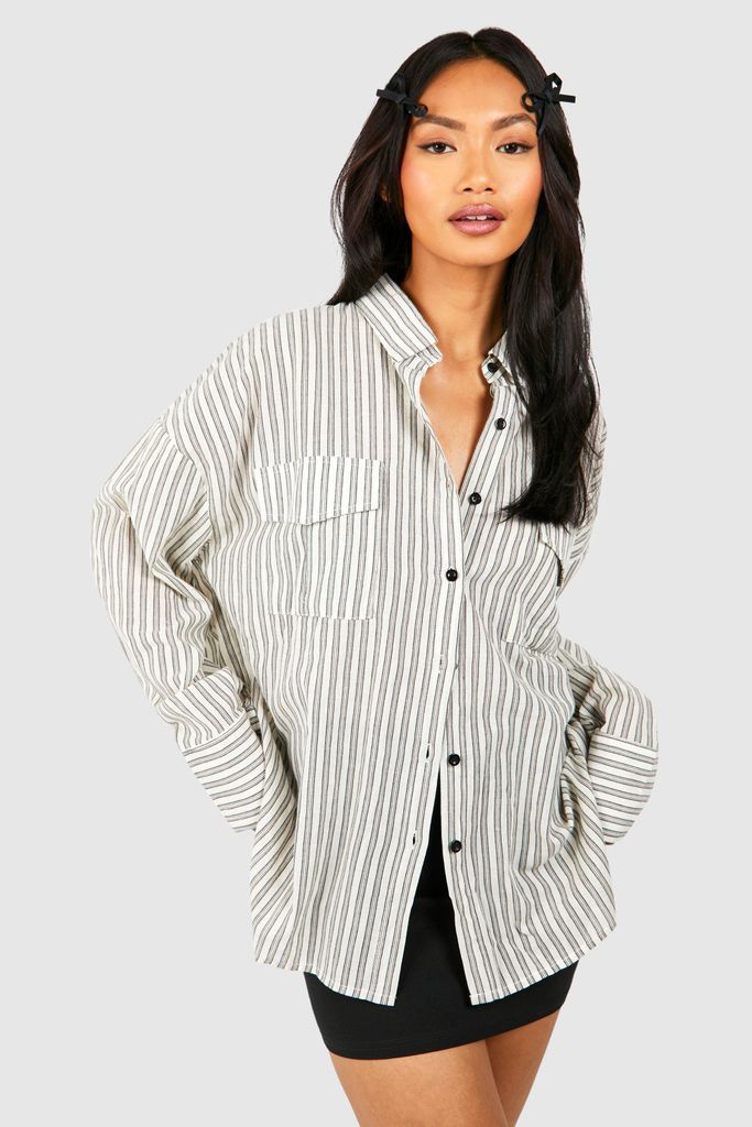 Womens Oversized Linen Striped Utility Shirt - Black - 6, Black