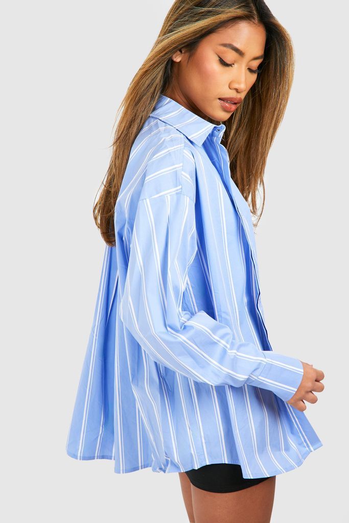 Womens Oversized Striped Cotton Poplin Shirt - Blue - 6, Blue